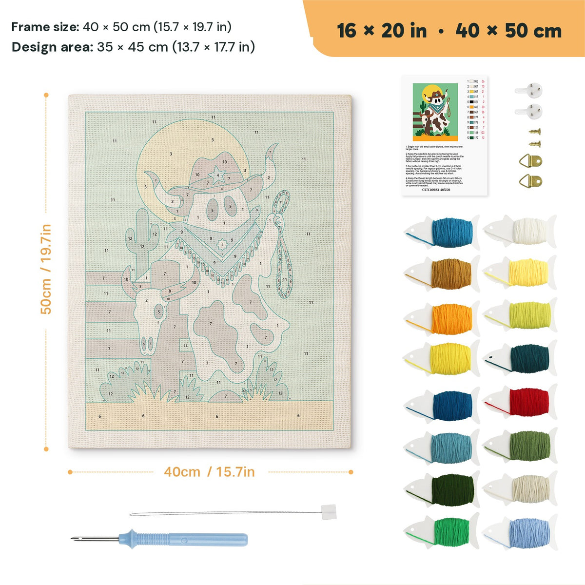 Cowboy Ghost punch needle kit, 16 × 20 in (40 × 50 cm): canvas size and kit contents