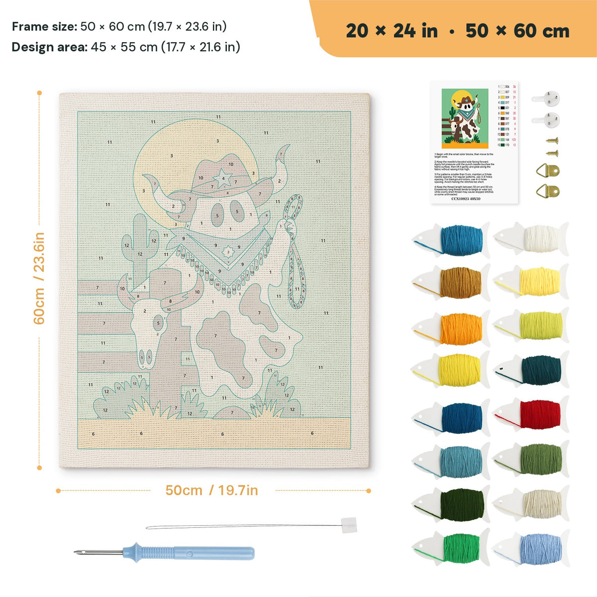 Cowboy Ghost punch needle kit, 20 × 24 in (50 × 60 cm): canvas size and kit contents
