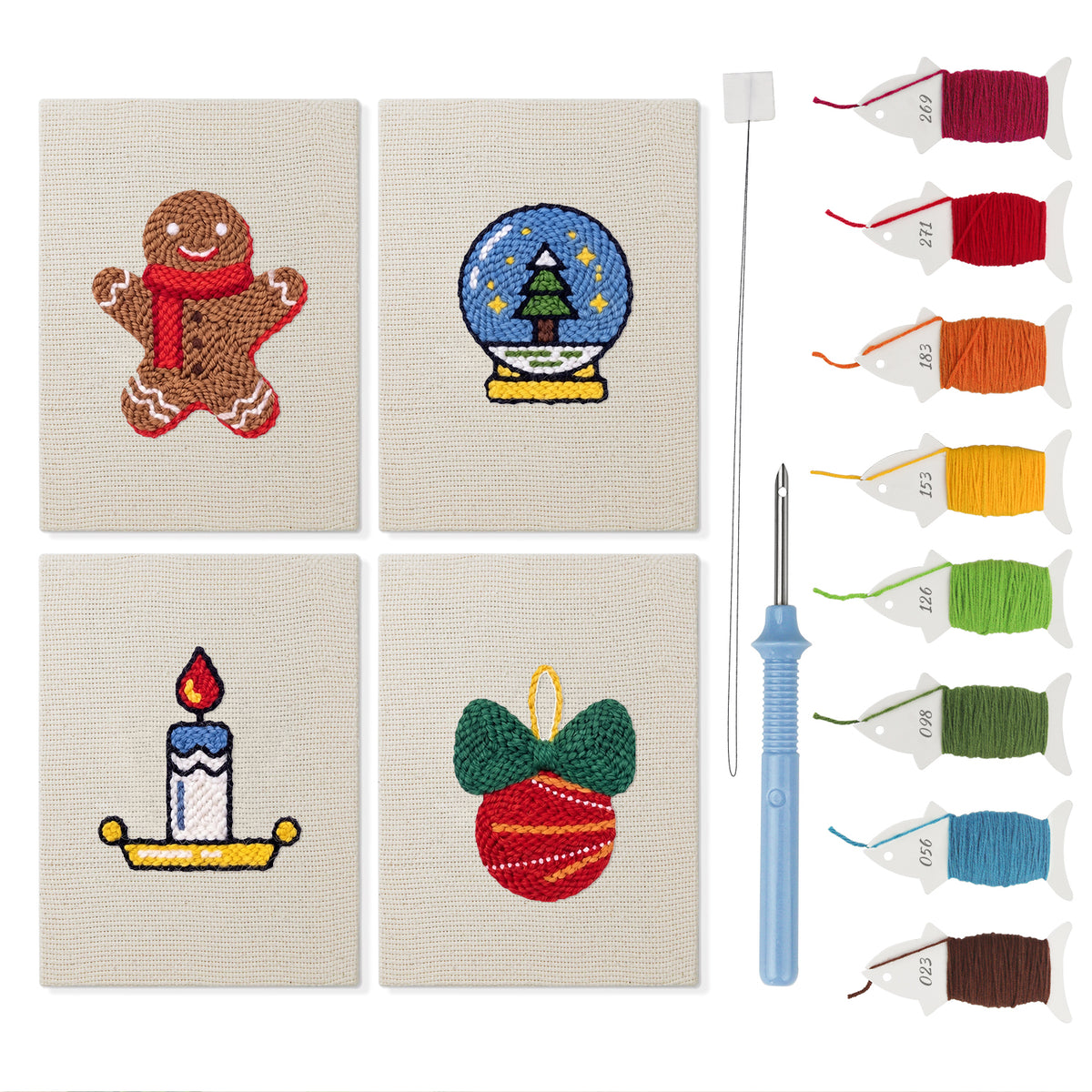 Cozy Christmas mini punch needle kit set: four finished canvases with threads, punch needle and threader