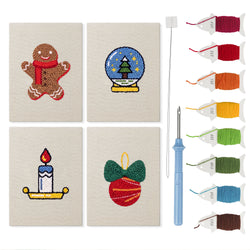 Cozy Christmas mini punch needle kit set: four finished canvases with threads, punch needle and threader