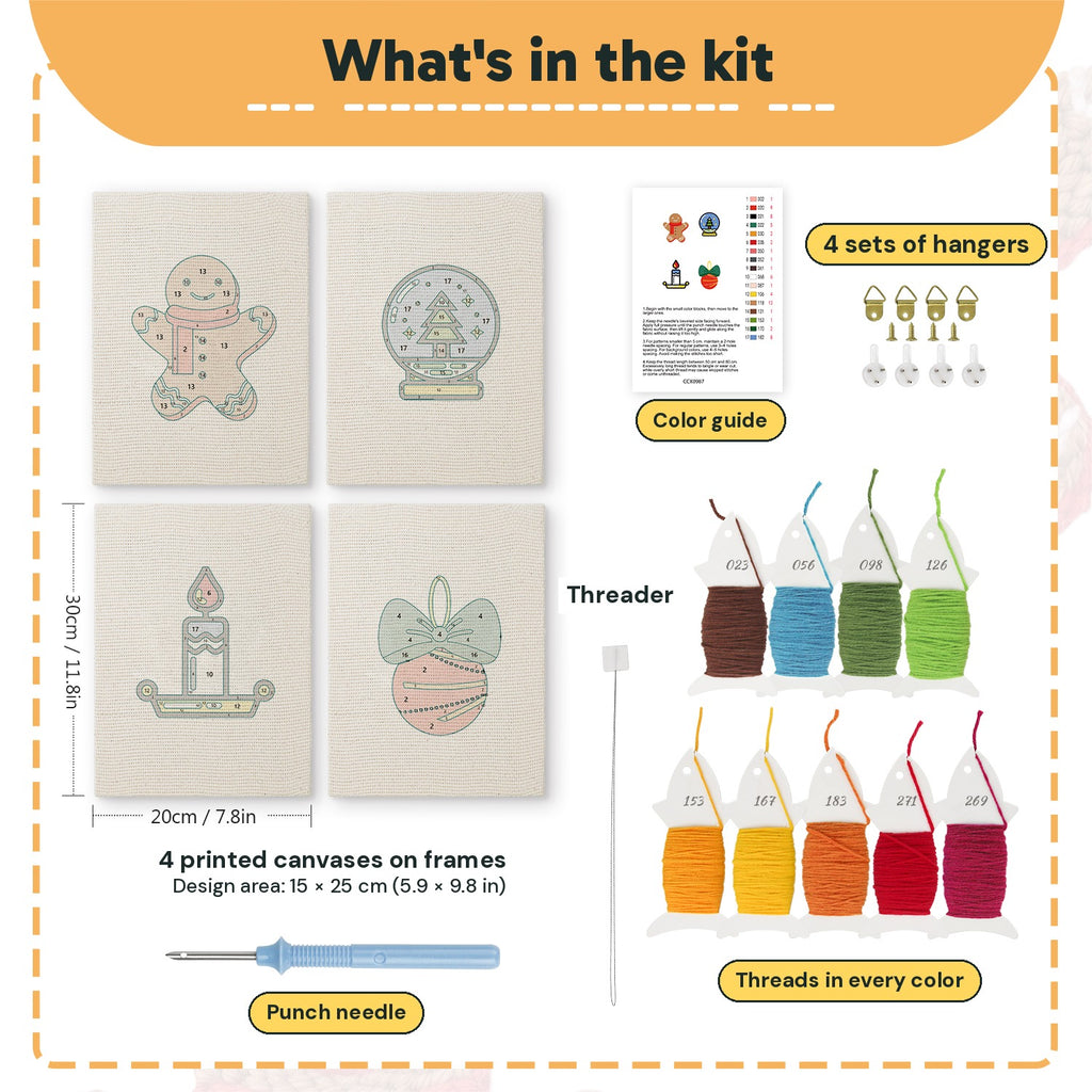What is in the Cozy Christmas set, 8 × 12 in (20 × 30 cm) each: 4 printed canvases, punch needle, threader, threads, color guide and 4 sets of hangers