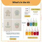 What is in the Cozy Christmas set, 8 × 12 in (20 × 30 cm) each: 4 printed canvases, punch needle, threader, threads, color guide and 4 sets of hangers