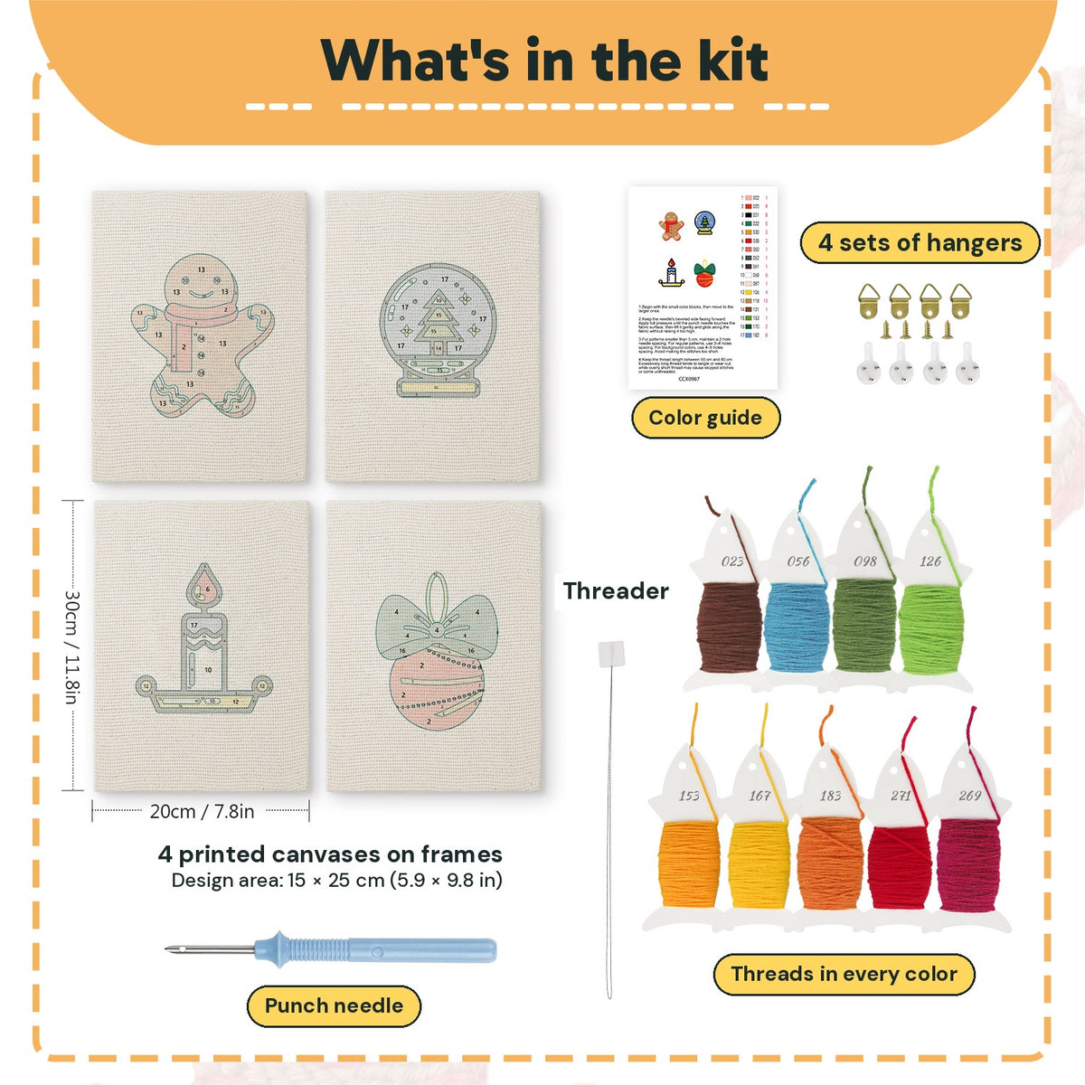 What is in the Cozy Christmas set, 8 × 12 in (20 × 30 cm) each: 4 printed canvases, punch needle, threader, threads, color guide and 4 sets of hangers