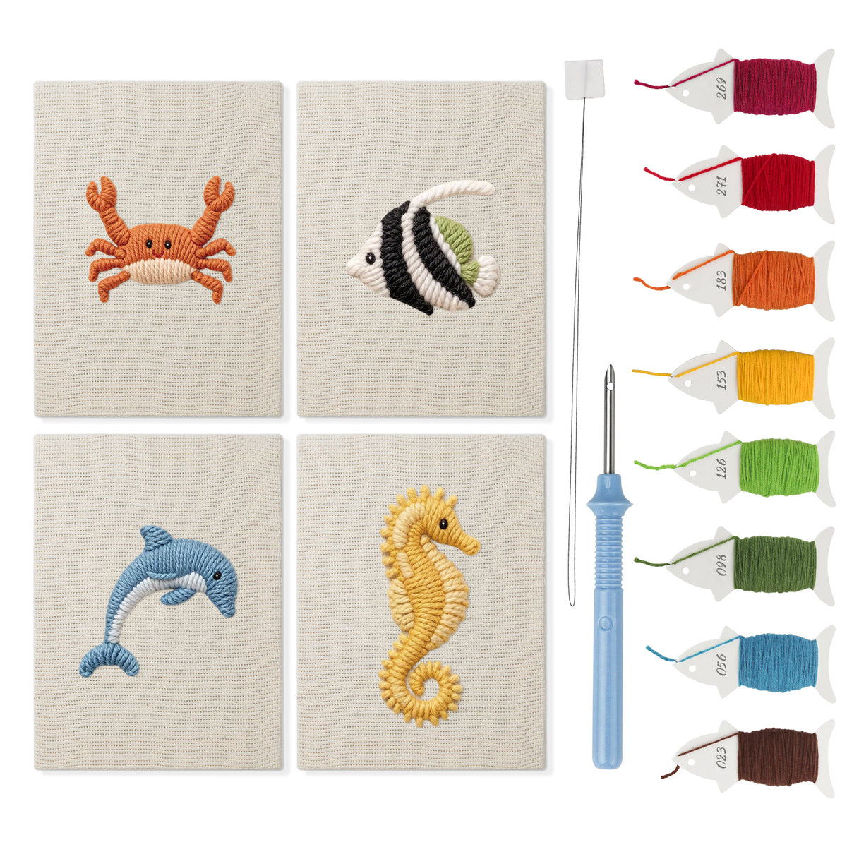 Crab and Angelfish mini punch needle kit set: four finished canvases with threads, punch needle and threader