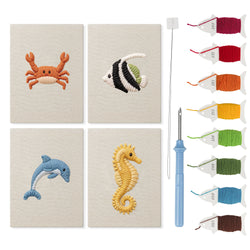 Crab and Angelfish mini punch needle kit set: four finished canvases with threads, punch needle and threader