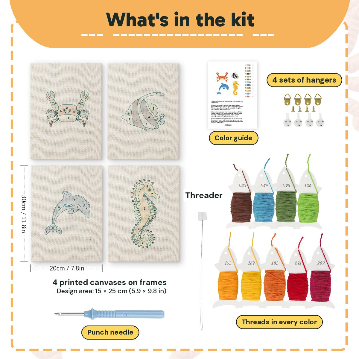 What is in the Crab and Angelfish set, 8 × 12 in (20 × 30 cm) each: 4 printed canvases, punch needle, threader, threads, color guide and 4 sets of hangers