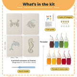 What is in the Crab and Angelfish set, 8 × 12 in (20 × 30 cm) each: 4 printed canvases, punch needle, threader, threads, color guide and 4 sets of hangers