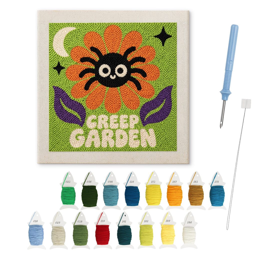 Creep Garden Spider punch needle kit: finished canvas with threads, punch needle and threader