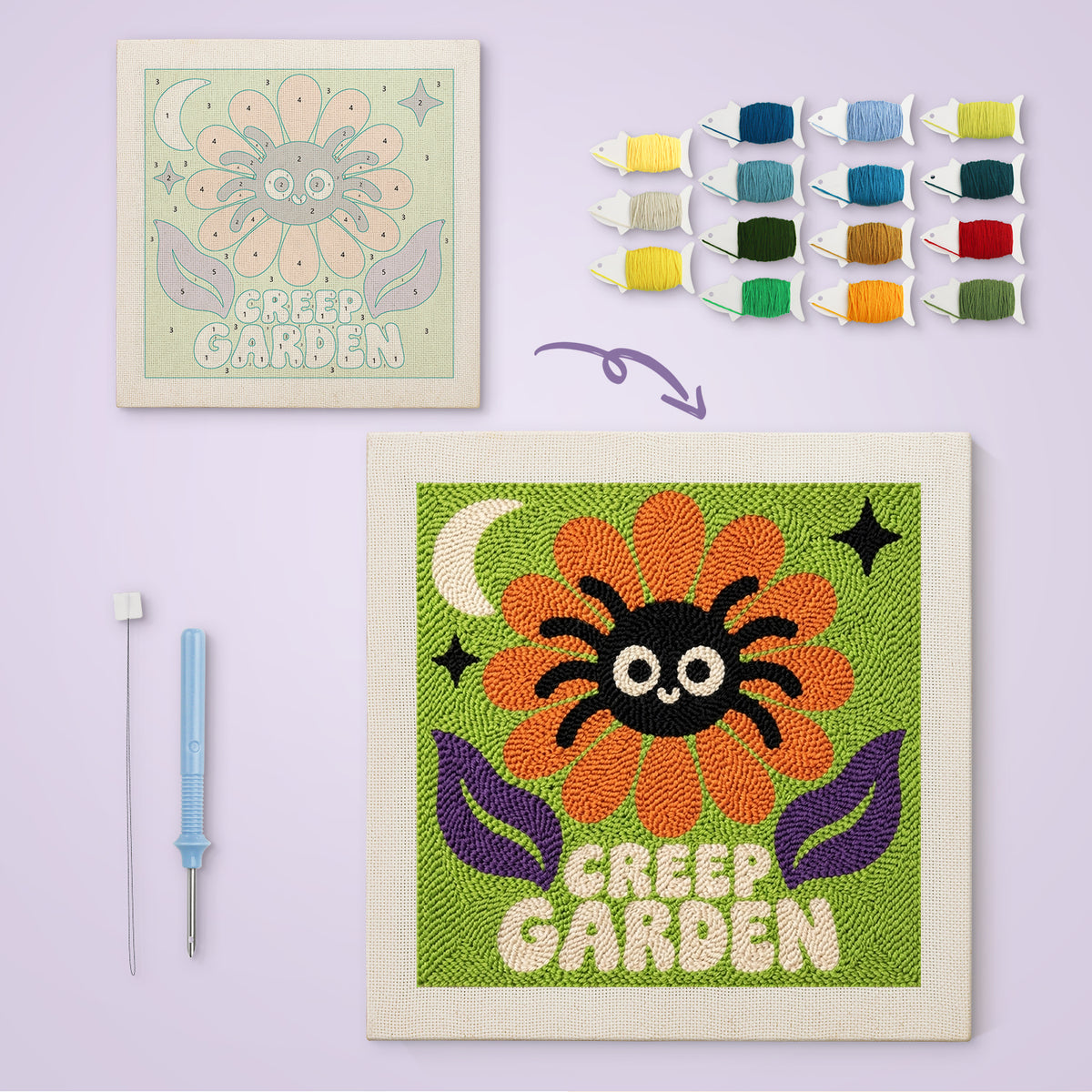 Creep Garden Spider canvas before and after punching, with the threads and tools