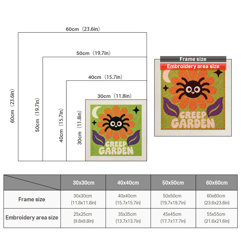 Size chart for square punch needle kits from 30 x 30 cm to 60 x 60 cm