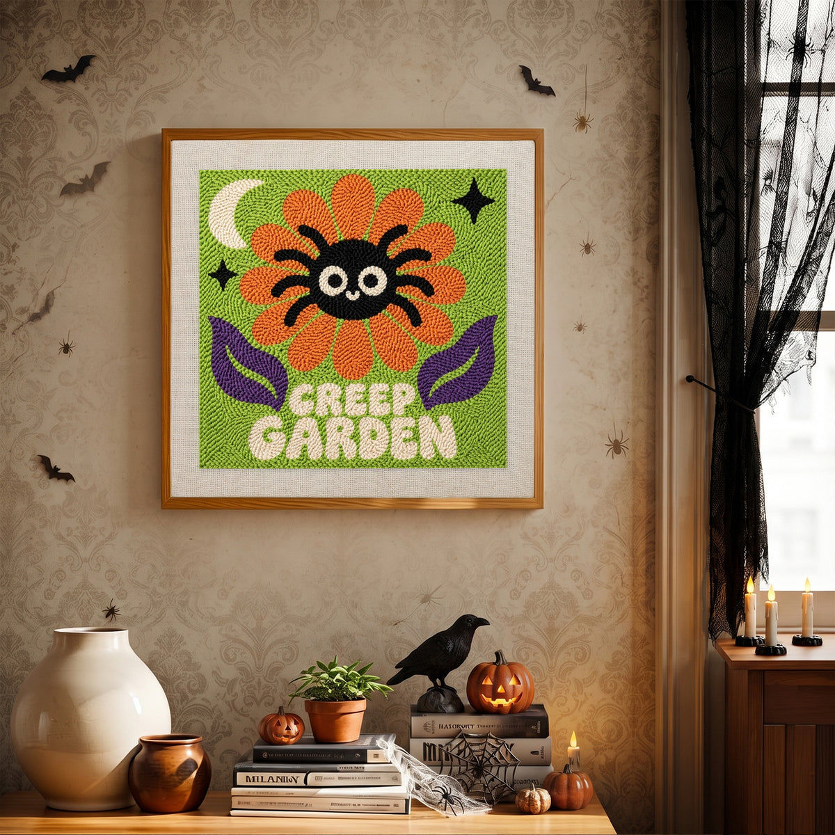 Finished Creep Garden Spider punch needle canvas on a wall