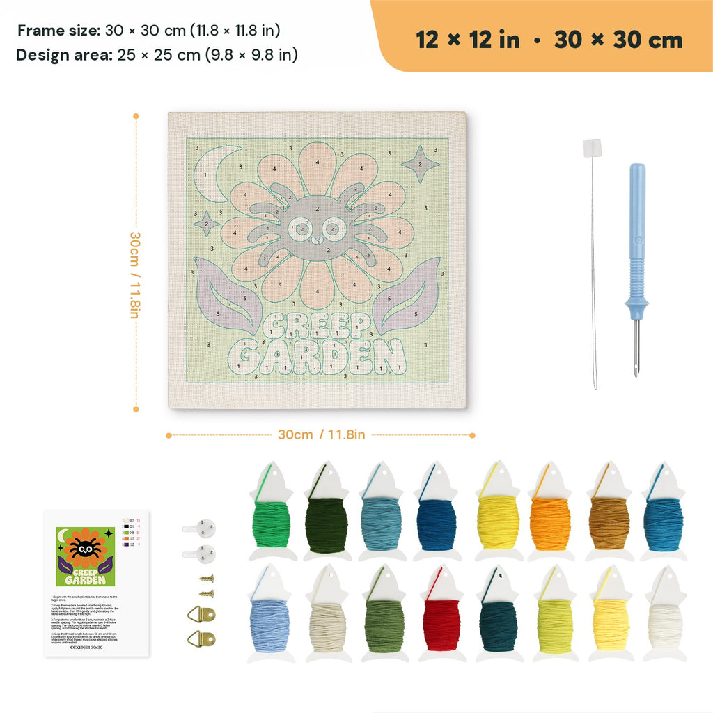 Creep Garden Spider punch needle kit, 12 × 12 in (30 × 30 cm): canvas size and kit contents