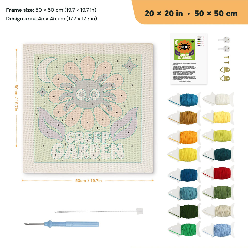 Creep Garden Spider punch needle kit, 20 × 20 in (50 × 50 cm): canvas size and kit contents