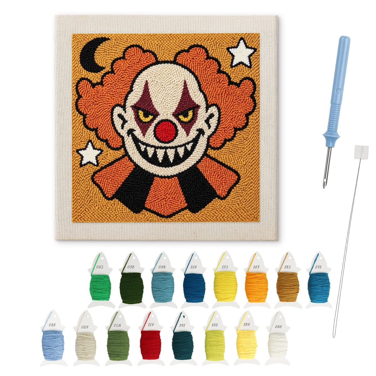 Creepy Clown punch needle kit: finished canvas with threads, punch needle and threader
