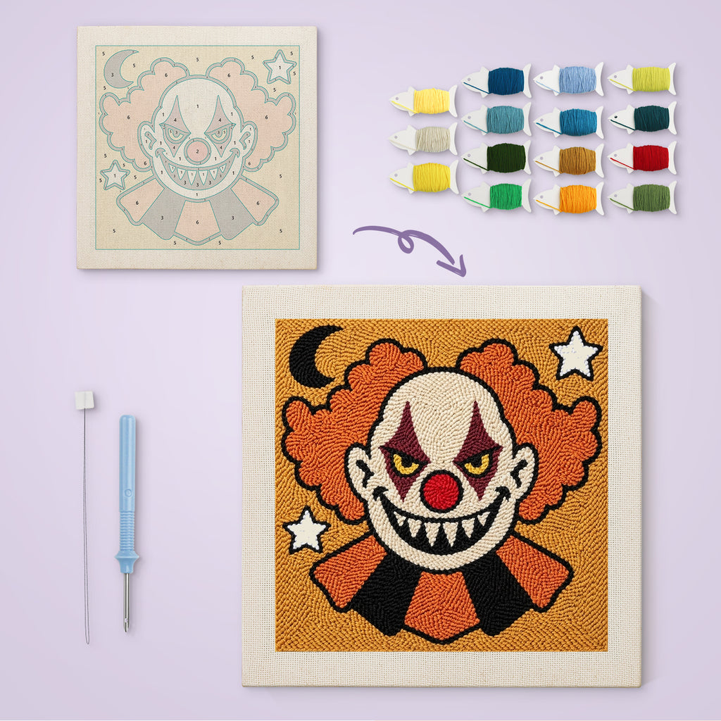 Creepy Clown canvas before and after punching, with the threads and tools