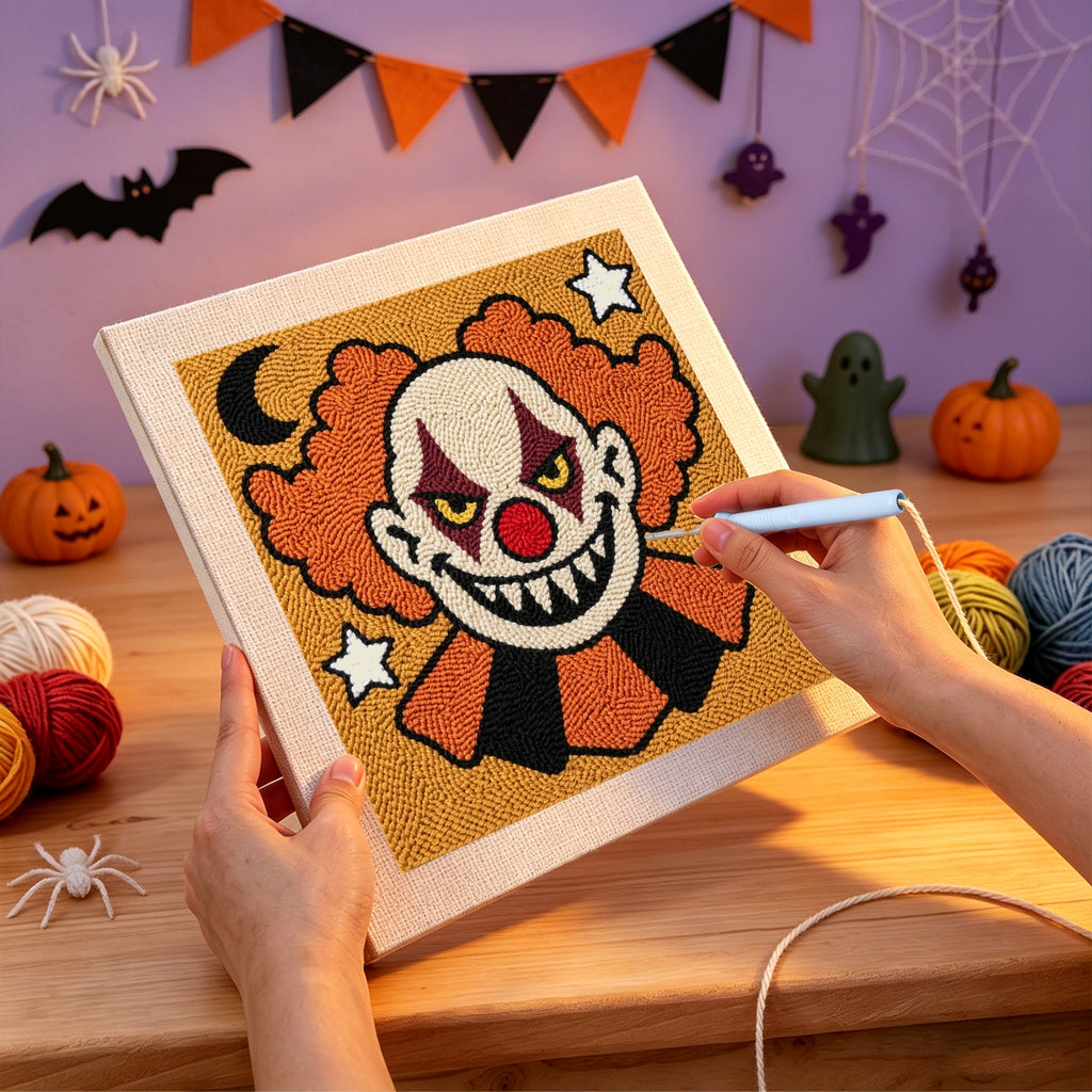 Punching the Creepy Clown design with the punch needle