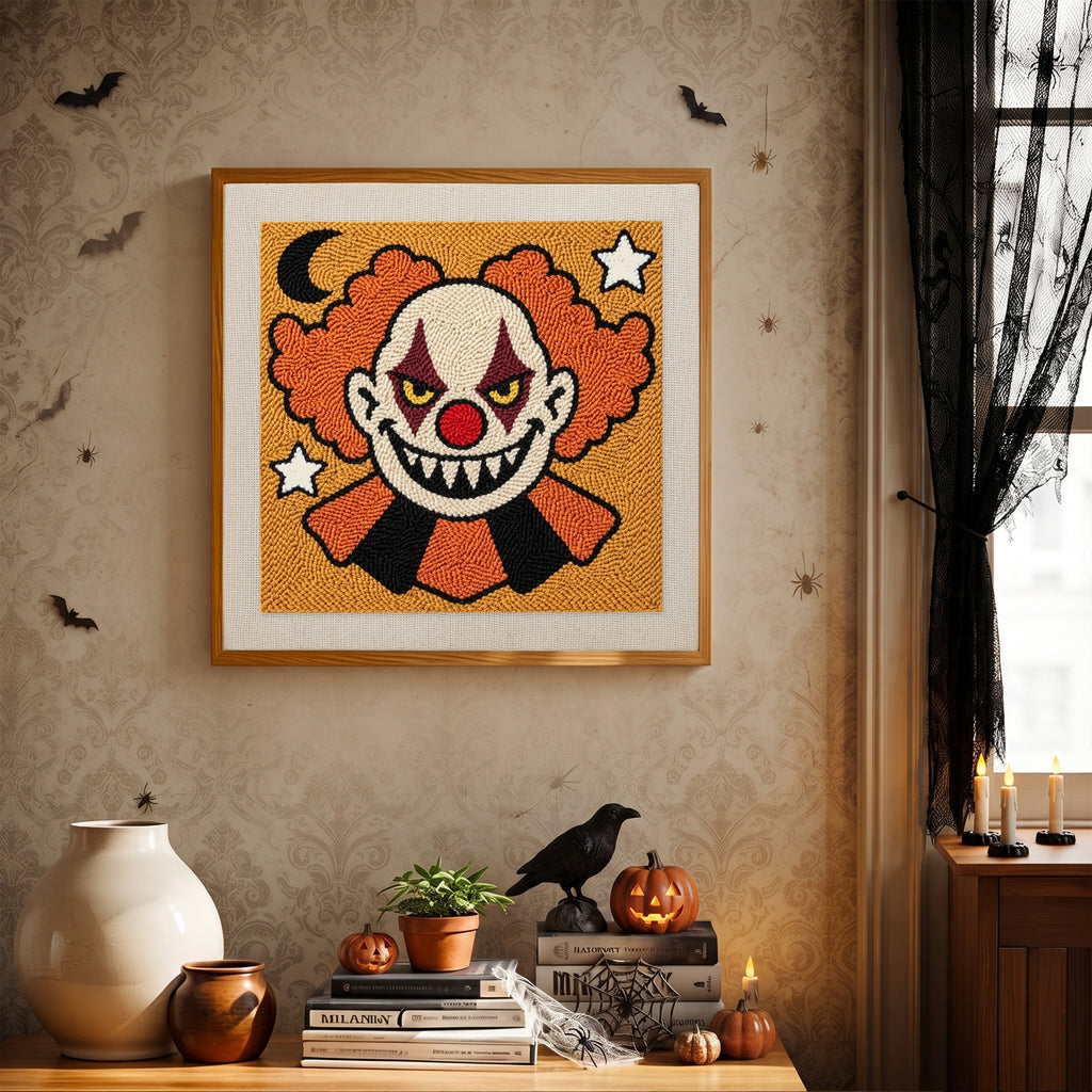 Finished Creepy Clown punch needle canvas on a wall