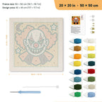 Creepy Clown punch needle kit, 20 × 20 in (50 × 50 cm): canvas size and kit contents