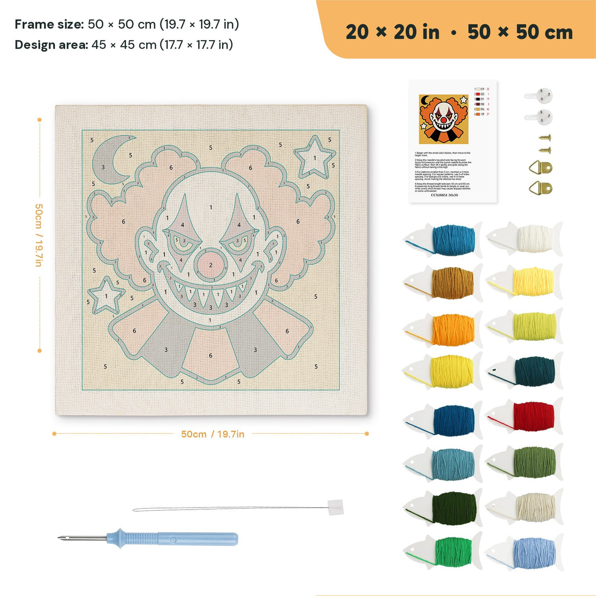 Creepy Clown punch needle kit, 20 × 20 in (50 × 50 cm): canvas size and kit contents