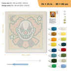 Creepy Clown punch needle kit, 24 × 24 in (60 × 60 cm): canvas size and kit contents