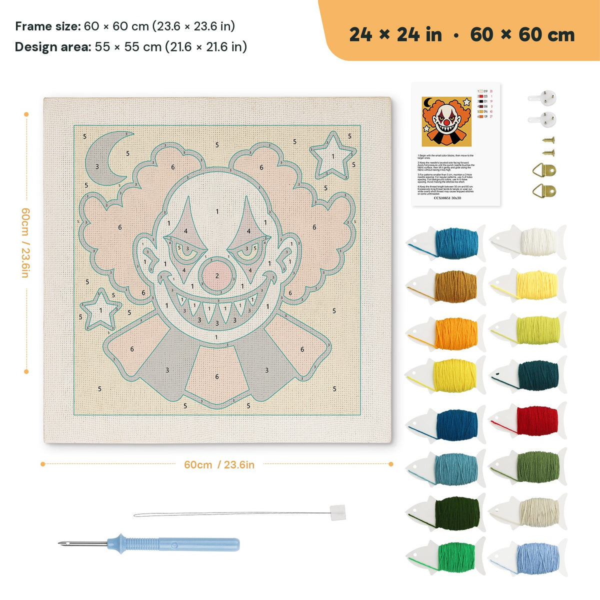 Creepy Clown punch needle kit, 24 × 24 in (60 × 60 cm): canvas size and kit contents