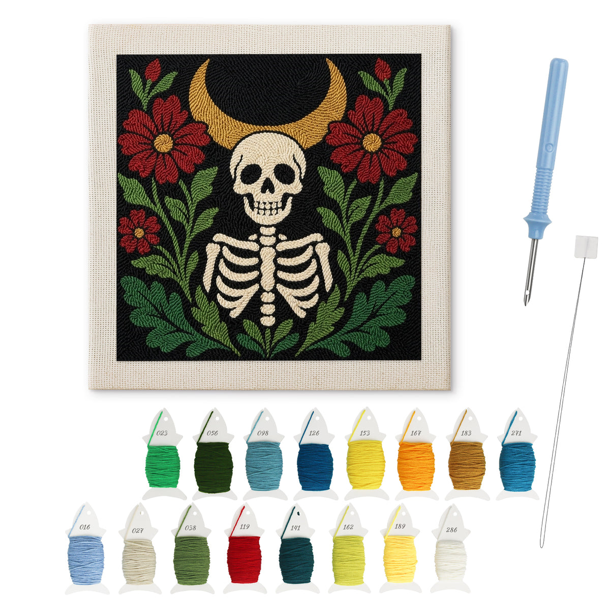 Crescent Moon Skeleton punch needle kit: finished canvas with threads, punch needle and threader