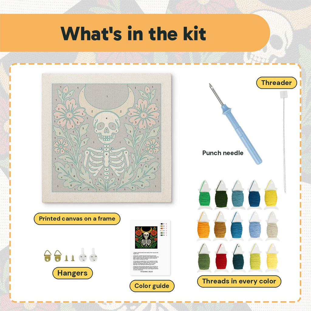 What is in the Crescent Moon Skeleton kit: printed canvas, punch needle, threader, threads, color guide and hangers