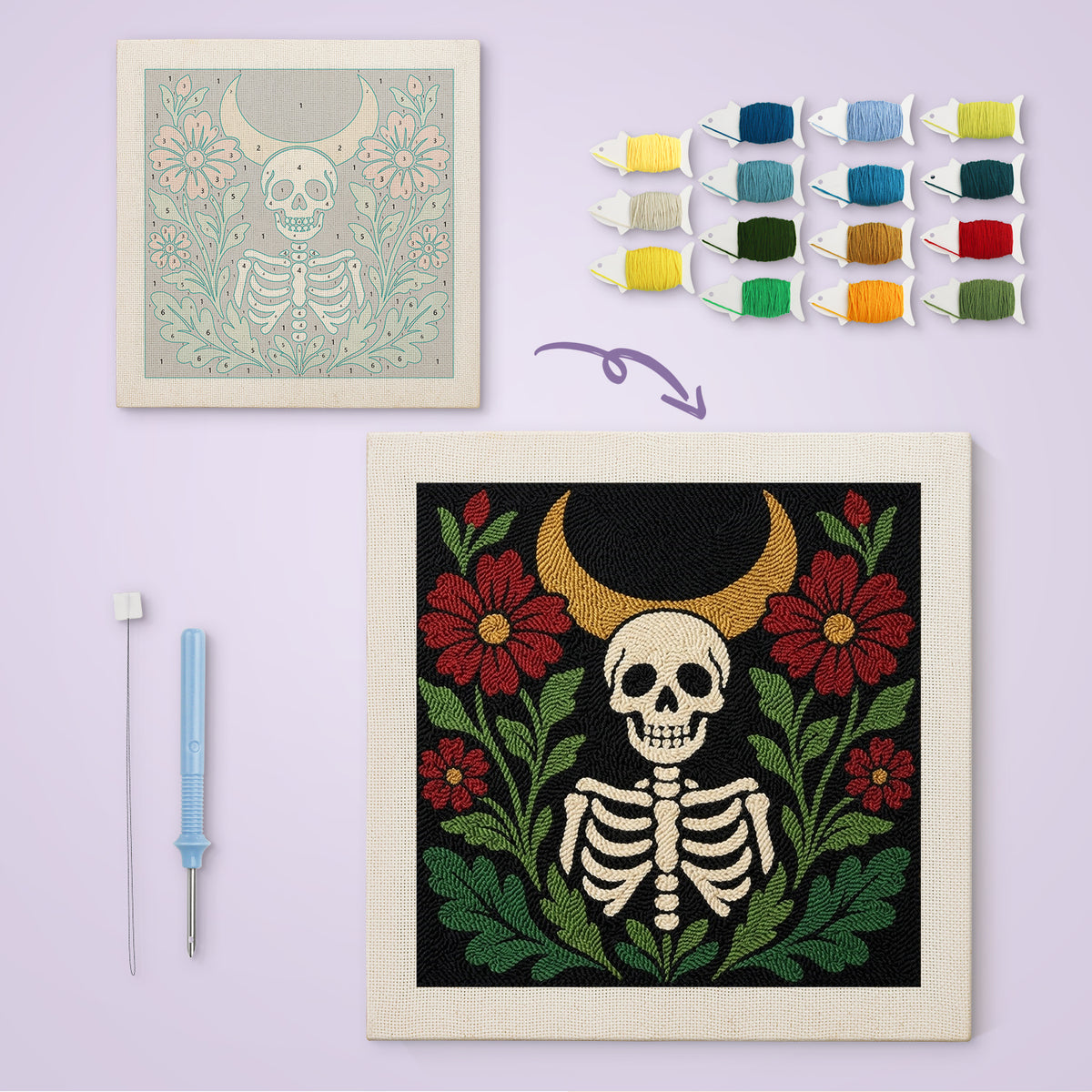 Crescent Moon Skeleton canvas before and after punching, with the threads and tools