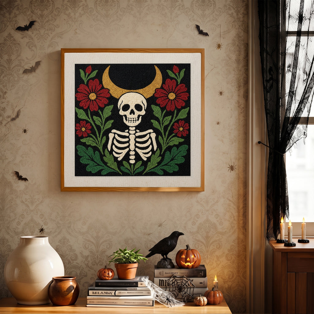 Finished Crescent Moon Skeleton punch needle canvas on a wall