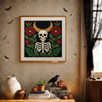Finished Crescent Moon Skeleton punch needle canvas on a wall