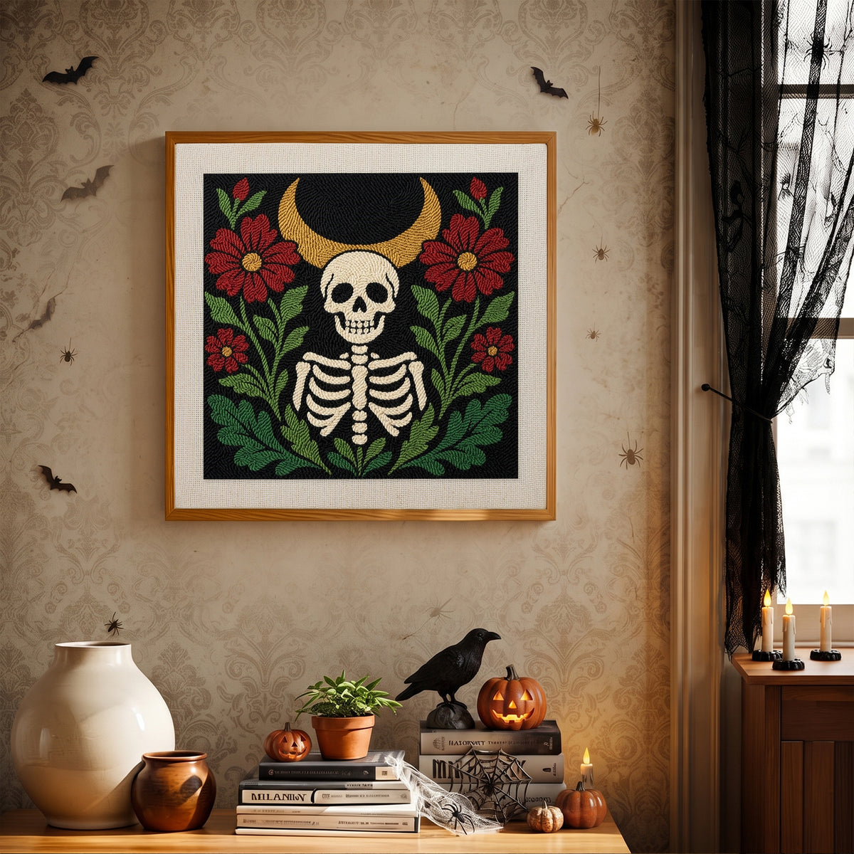 Finished Crescent Moon Skeleton punch needle canvas on a wall