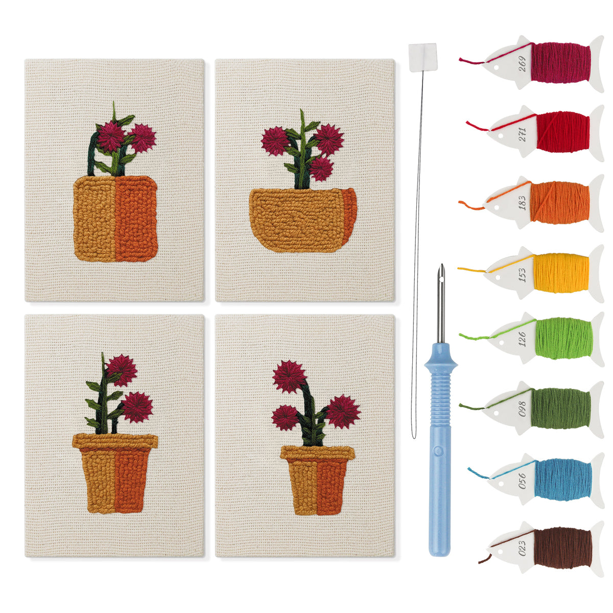 Crimson Bloom Pots mini punch needle kit set: four finished canvases with threads, punch needle and threader