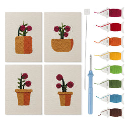Crimson Bloom Pots mini punch needle kit set: four finished canvases with threads, punch needle and threader