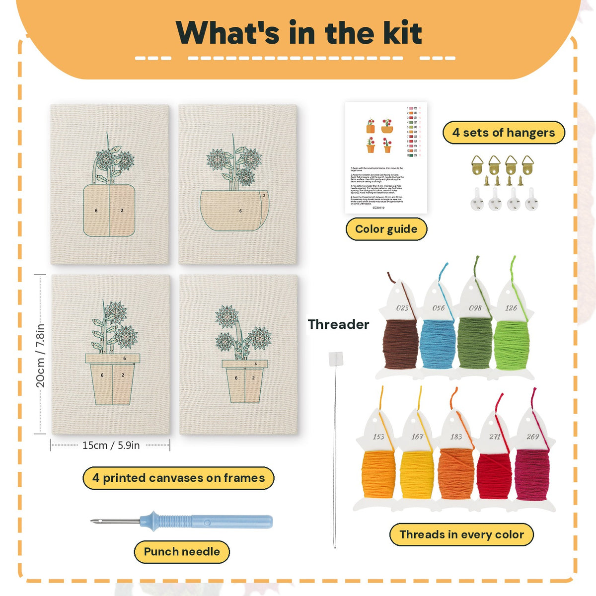 What is in the Crimson Bloom Pots set: 4 printed canvases, punch needle, threader, threads, color guide and 4 sets of hangers (6 × 8 in (15 × 20 cm) each)