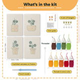 What is in the Crimson Bloom Pots set: 4 printed canvases, punch needle, threader, threads, color guide and 4 sets of hangers (6 × 8 in (15 × 20 cm) each)