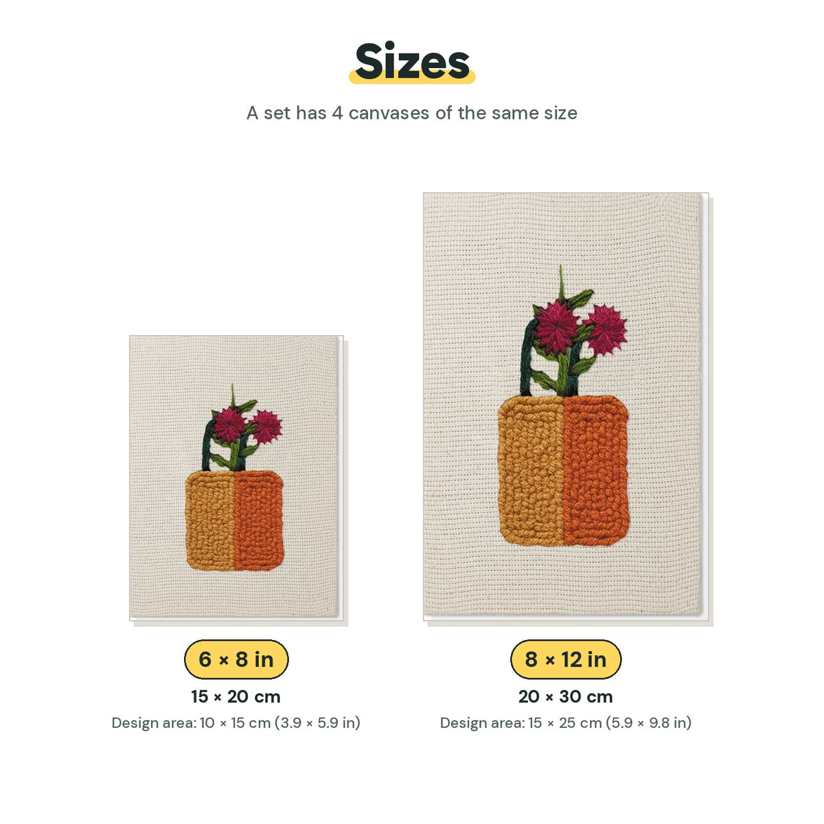Size chart for the two mini canvas sizes: 6 x 8 in and 8 x 12 in