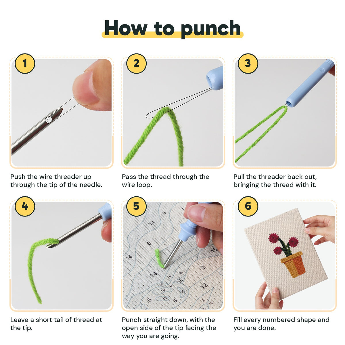 Six steps showing how to thread and use the punch needle