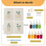 What is in the Crimson Bloom Pots set, 8 × 12 in (20 × 30 cm) each: 4 printed canvases, punch needle, threader, threads, color guide and 4 sets of hangers