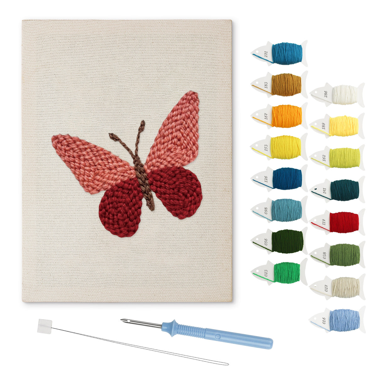 Crimson Butterfly punch needle kit: finished canvas with threads, punch needle and threader