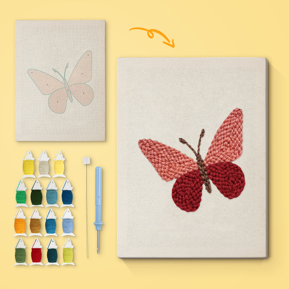 Crimson Butterfly canvas before and after punching, with the threads and tools