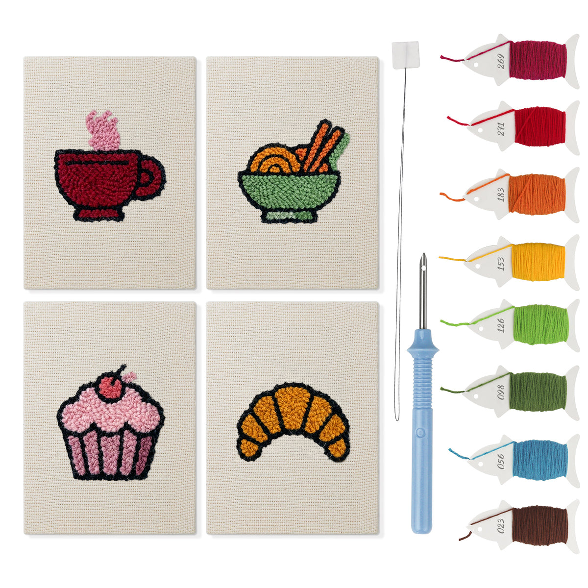 Croissant Tea Break mini punch needle kit set: four finished canvases with threads, punch needle and threader