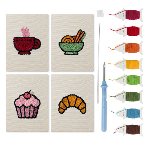 Croissant Tea Break mini punch needle kit set: four finished canvases with threads, punch needle and threader