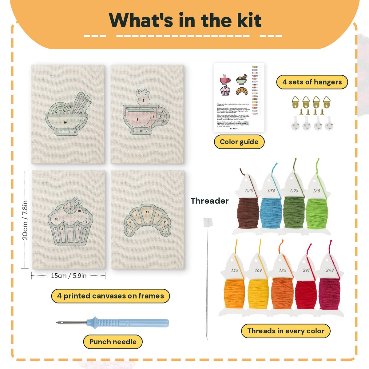 What is in the Croissant Tea Break set: 4 printed canvases, punch needle, threader, threads, color guide and 4 sets of hangers (6 × 8 in (15 × 20 cm) each)