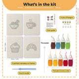 What is in the Croissant Tea Break set: 4 printed canvases, punch needle, threader, threads, color guide and 4 sets of hangers (6 × 8 in (15 × 20 cm) each)