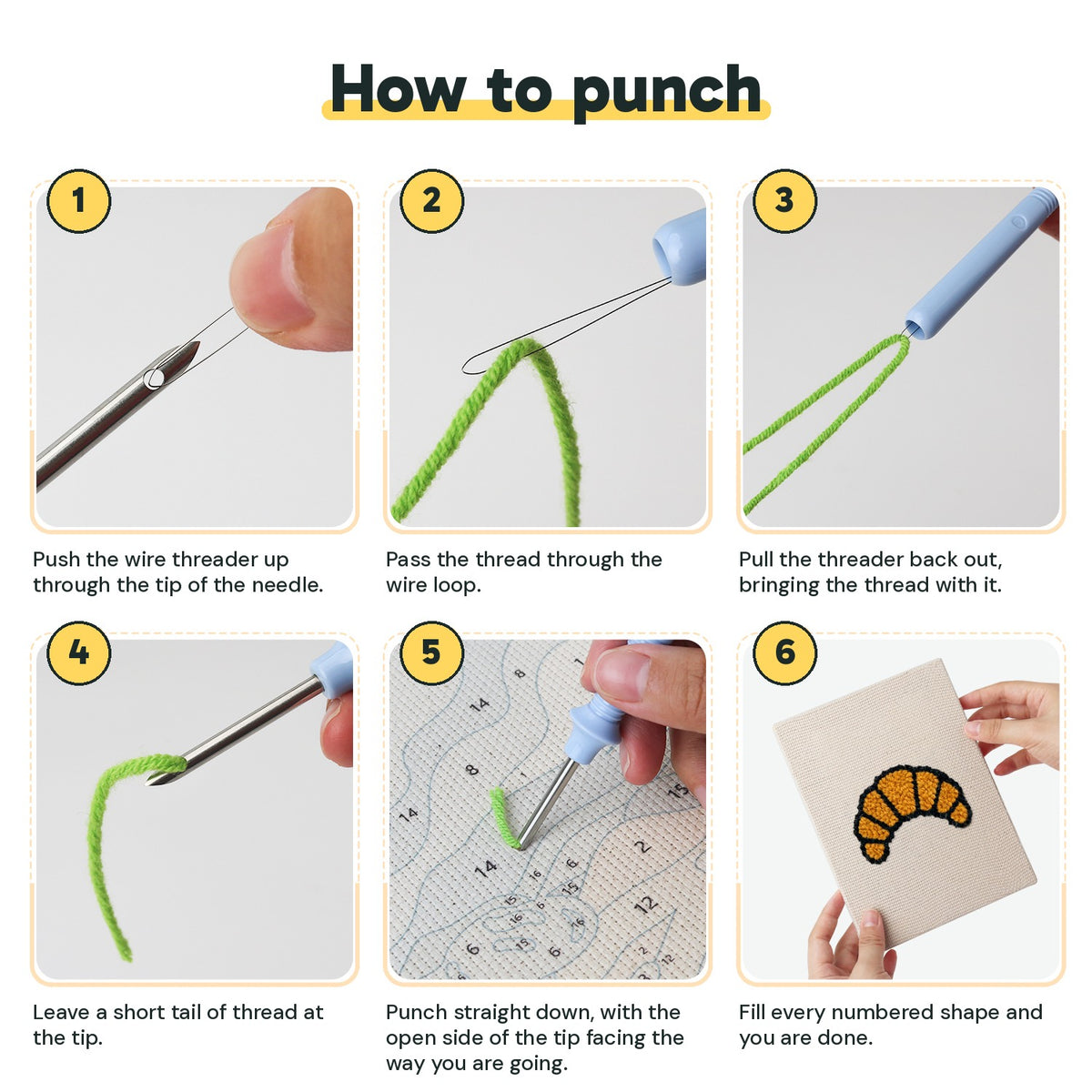 Six steps showing how to thread and use the punch needle