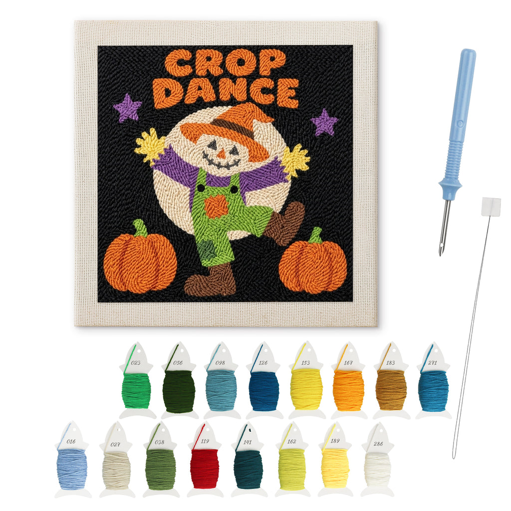 Crop Dance Scarecrow punch needle kit: finished canvas with threads, punch needle and threader