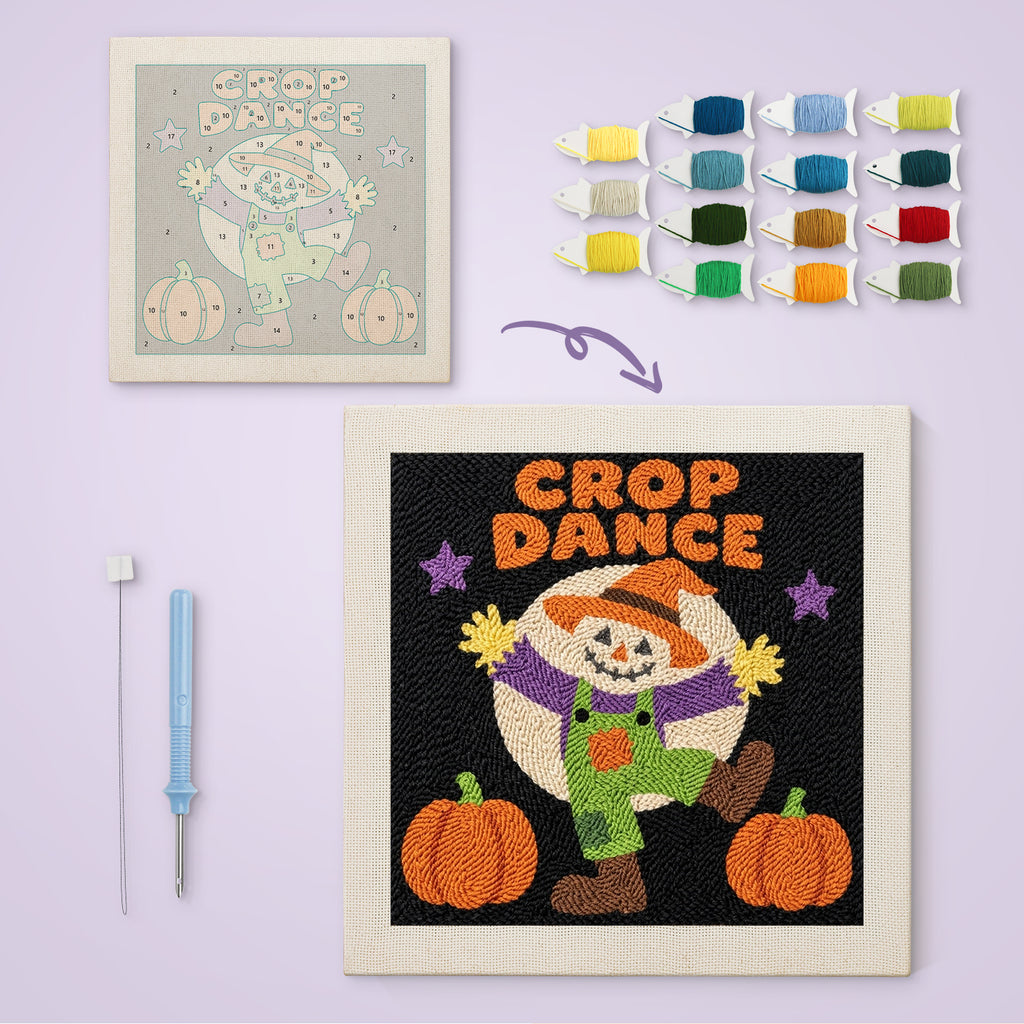Crop Dance Scarecrow canvas before and after punching, with the threads and tools