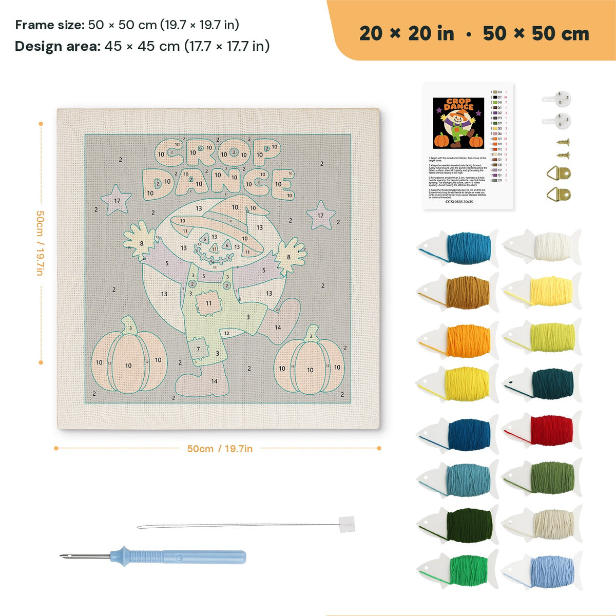 Crop Dance Scarecrow punch needle kit, 20 × 20 in (50 × 50 cm): canvas size and kit contents