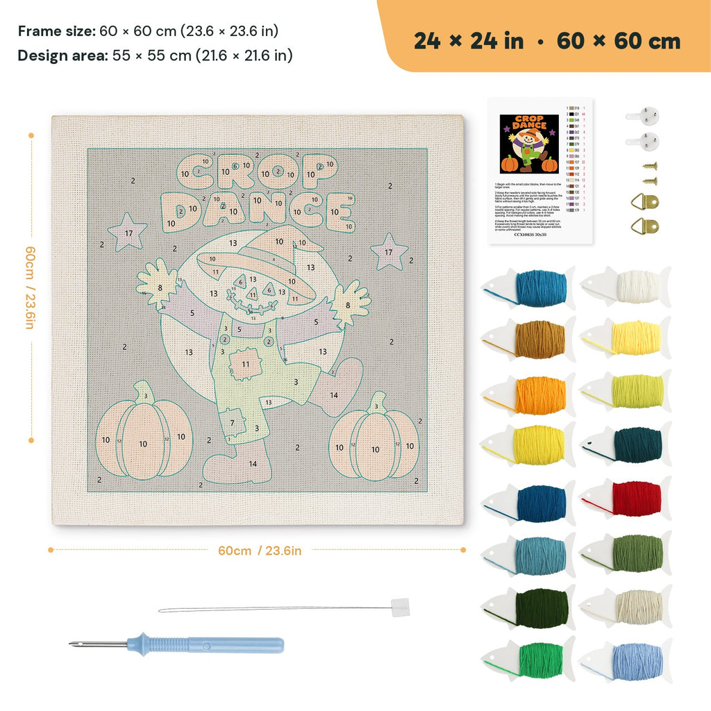 Crop Dance Scarecrow punch needle kit, 24 × 24 in (60 × 60 cm): canvas size and kit contents