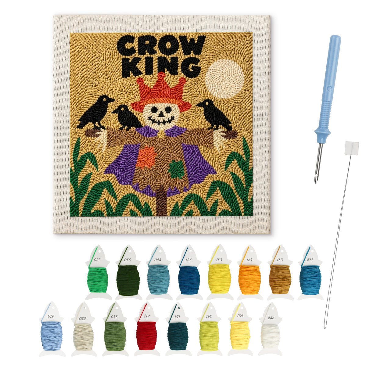 Crow King Scarecrow punch needle kit: finished canvas with threads, punch needle and threader